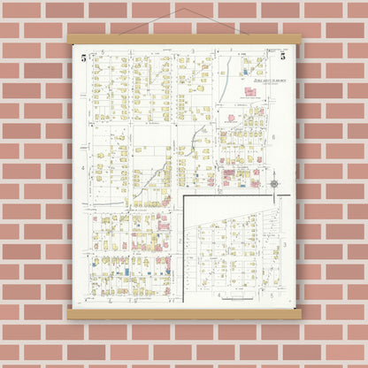 Old map wall art mockup — magnetic wood frame on brick wall — Sanborn Fire Insurance Map from Wilmington, Clinton County, Ohio (1933), Sheet #0005