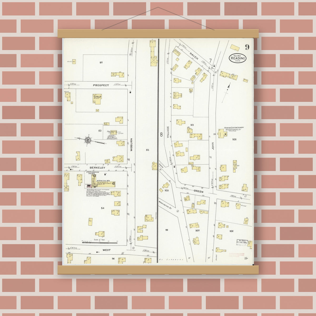 Old map wall art mockup — magnetic wood frame on brick wall — Sanborn Fire Insurance Map from Reading, Middlesex County, Massachusetts (1909), Sheet #0009
