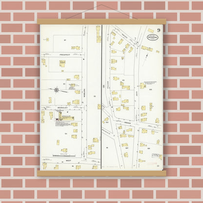 Old map wall art mockup — magnetic wood frame on brick wall — Sanborn Fire Insurance Map from Reading, Middlesex County, Massachusetts (1909), Sheet #0009
