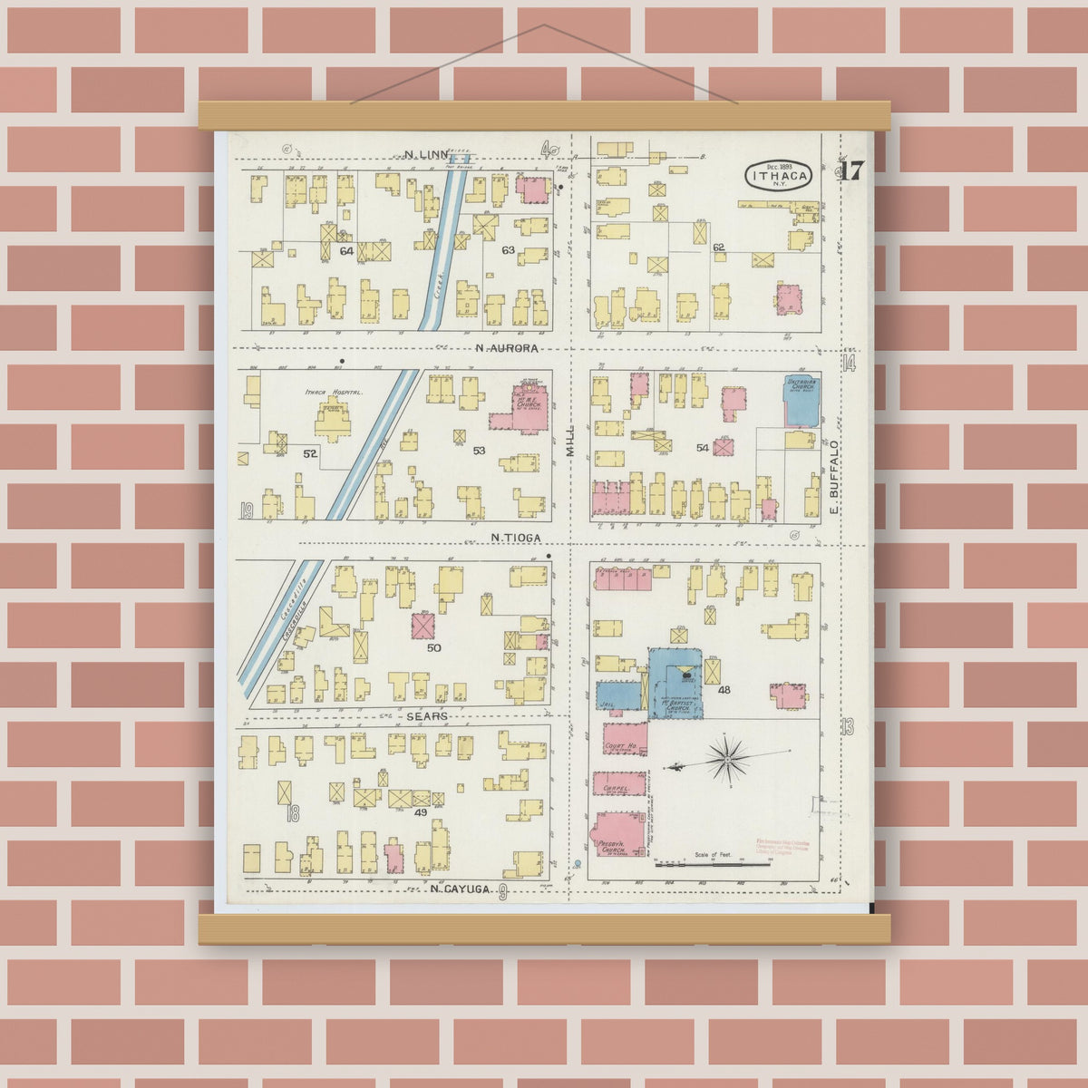 Old map wall art mockup — magnetic wood frame on brick wall — Sanborn Fire Insurance Map from Ithaca, Tompkins County, New York (1893), Sheet #0017