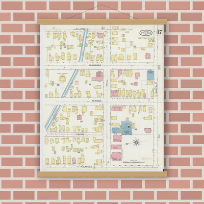 Old map wall art mockup — magnetic wood frame on brick wall — Sanborn Fire Insurance Map from Ithaca, Tompkins County, New York (1893), Sheet #0017