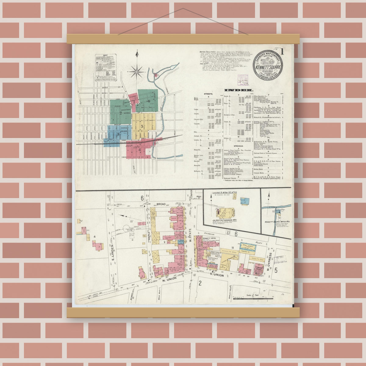 Old map wall art mockup — magnetic wood frame on brick wall — Sanborn Fire Insurance Map from Kennett Square, Chester County, Pennsylvania (1908), Sheet #0001