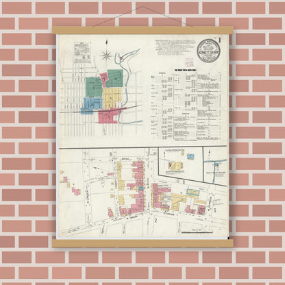 Old map wall art mockup — magnetic wood frame on brick wall — Sanborn Fire Insurance Map from Kennett Square, Chester County, Pennsylvania (1908), Sheet #0001
