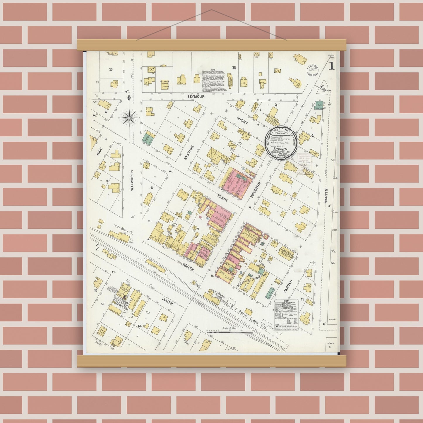 Old map wall art mockup — magnetic wood frame on brick wall — Sanborn Fire Insurance Map from Sharon, Walworth County, Wisconsin (1899), Sheet #0001