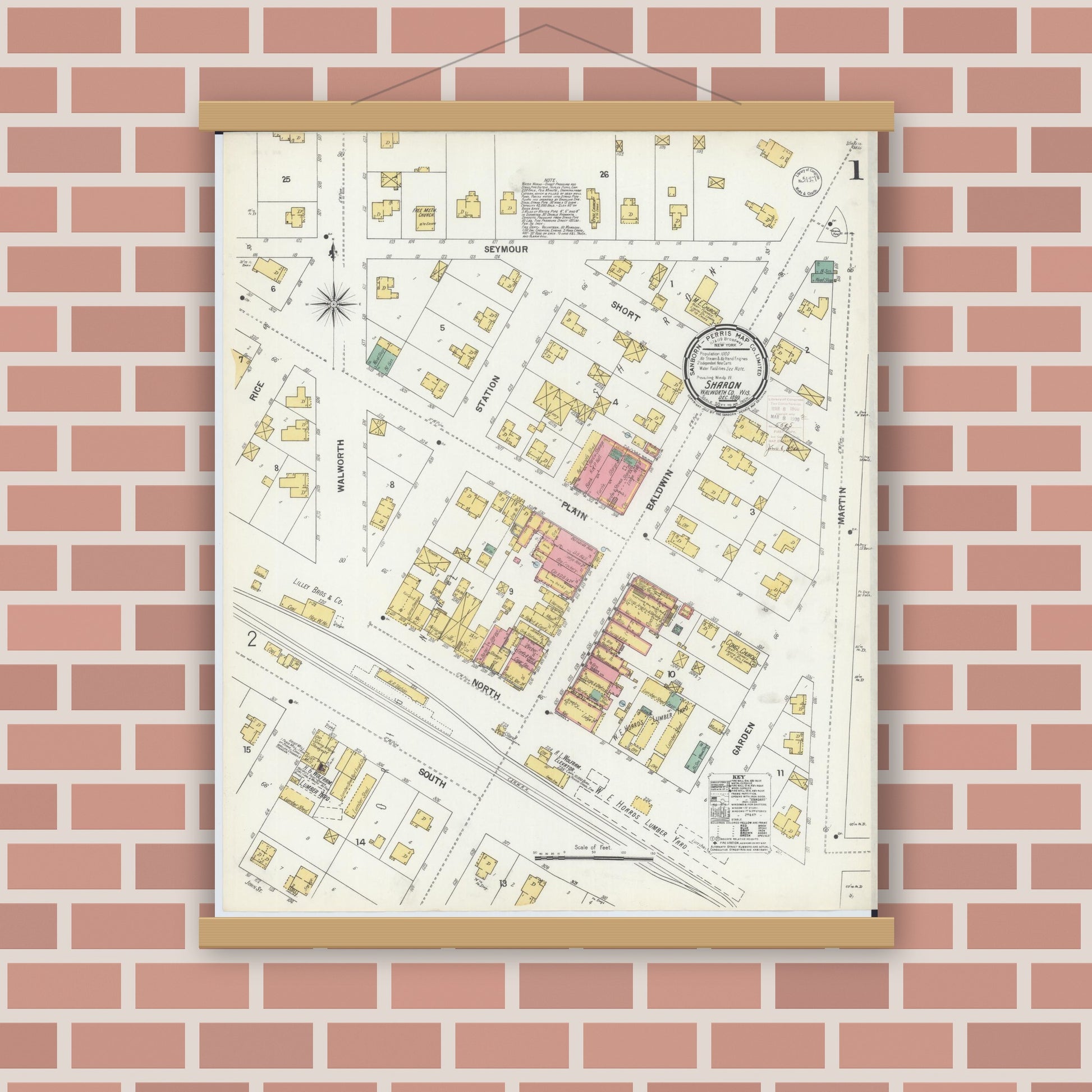 Old map wall art mockup — magnetic wood frame on brick wall — Sanborn Fire Insurance Map from Sharon, Walworth County, Wisconsin (1899), Sheet #0001
