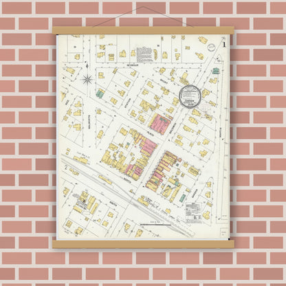 Old map wall art mockup — magnetic wood frame on brick wall — Sanborn Fire Insurance Map from Sharon, Walworth County, Wisconsin (1899), Sheet #0001