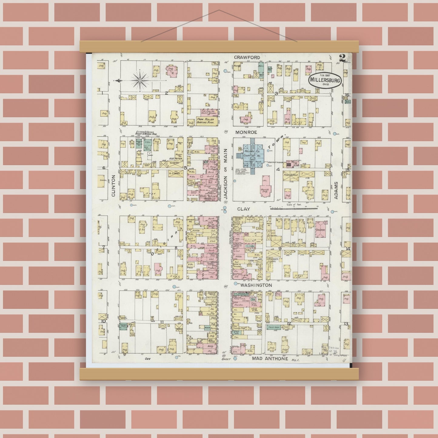 Old map wall art mockup — magnetic wood frame on brick wall — Sanborn Fire Insurance Map from Millersburg, Holmes County, Ohio (1887), Sheet #0002