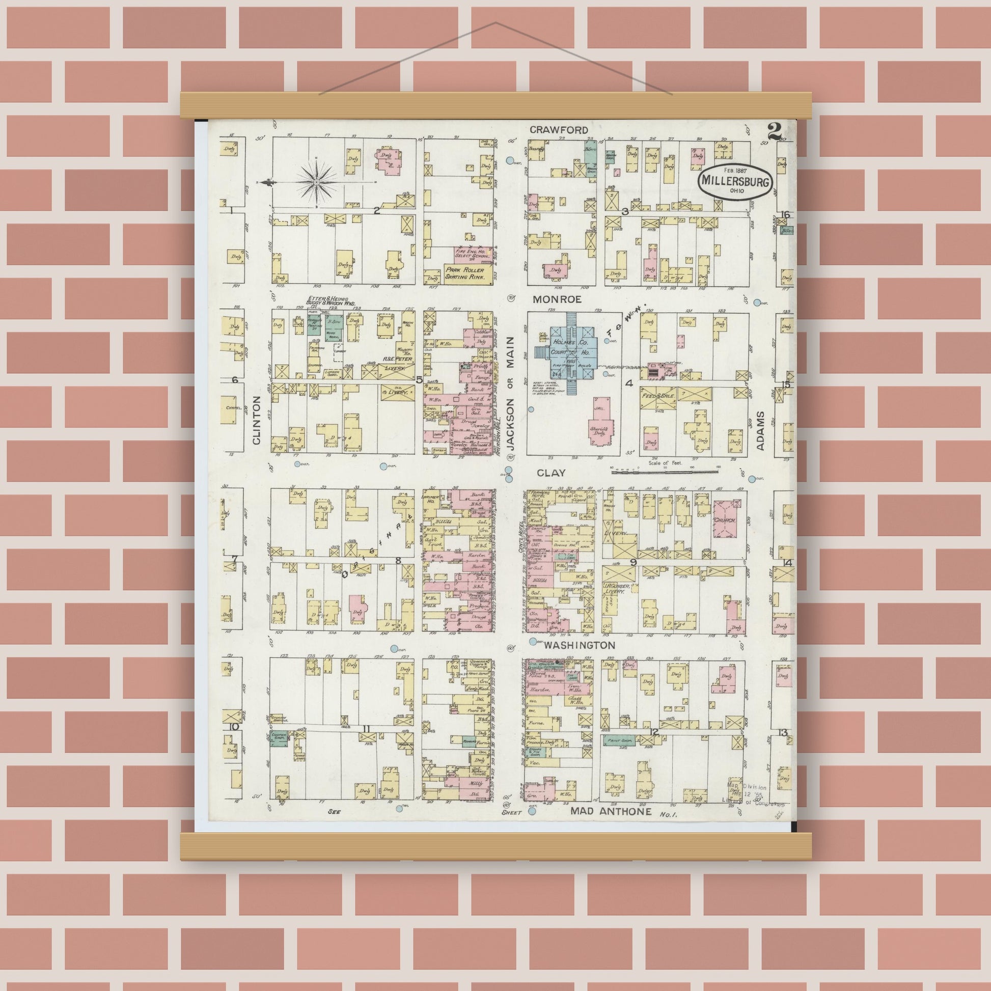 Old map wall art mockup — magnetic wood frame on brick wall — Sanborn Fire Insurance Map from Millersburg, Holmes County, Ohio (1887), Sheet #0002