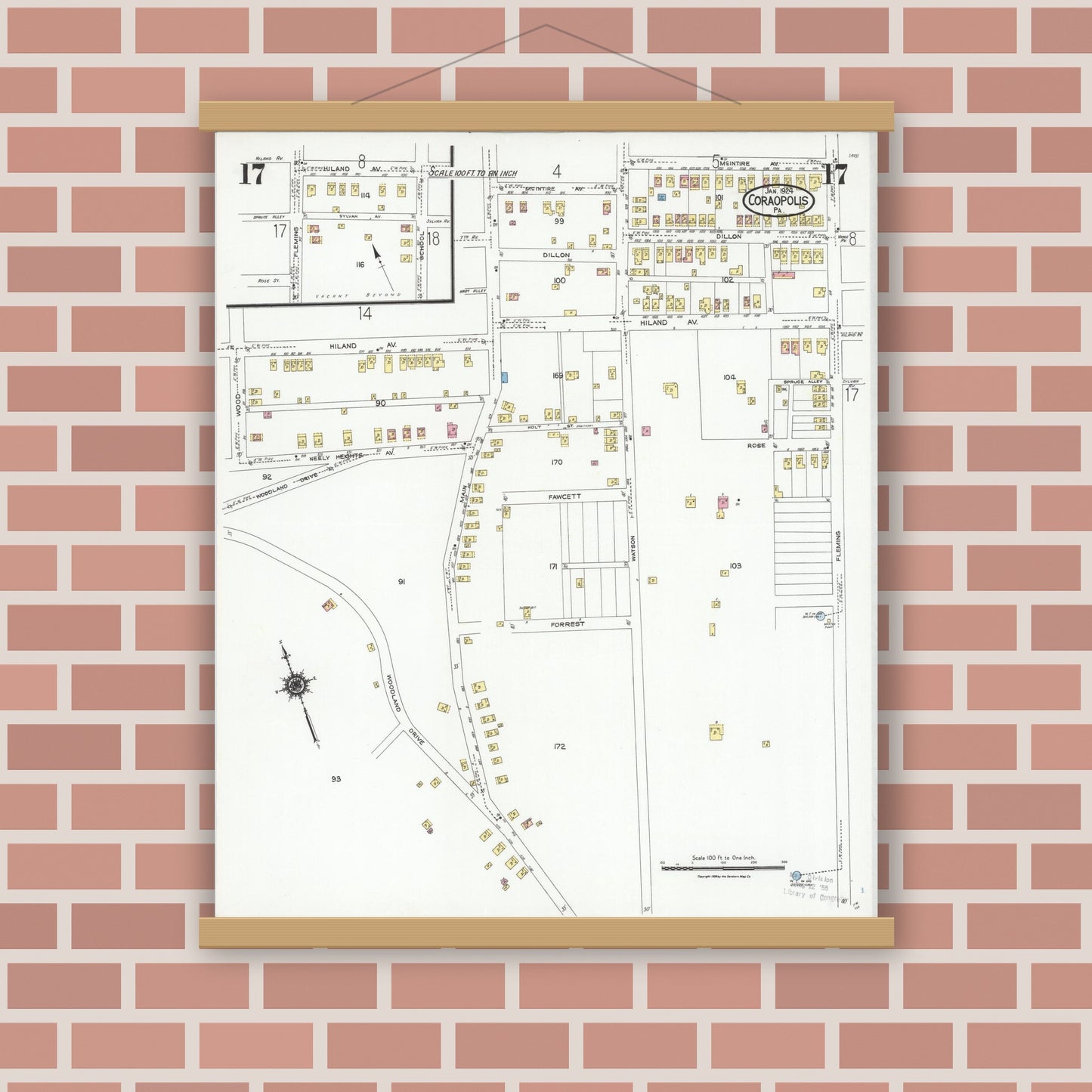 Old map wall art mockup — magnetic wood frame on brick wall — Sanborn Fire Insurance Map from Coraopolis, Allegheny County, Pennsylvania (1924), Sheet #0017