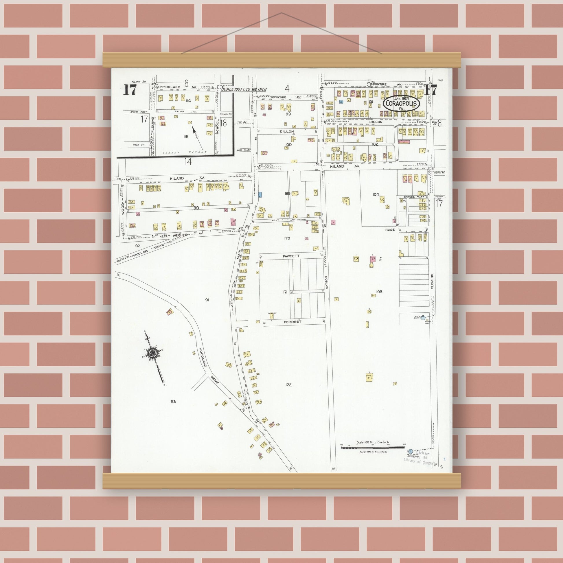 Old map wall art mockup — magnetic wood frame on brick wall — Sanborn Fire Insurance Map from Coraopolis, Allegheny County, Pennsylvania (1924), Sheet #0017