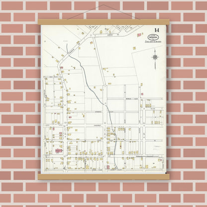 Old map wall art mockup — magnetic wood frame on brick wall — Sanborn Fire Insurance Map from Indiana, Indiana County, Pennsylvania (1916), Sheet #0014