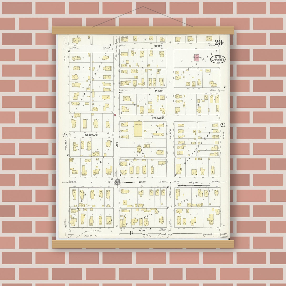 Old map wall art mockup — magnetic wood frame on brick wall — Sanborn Fire Insurance Map from La Porte, La Porte County, Indiana (1912), Sheet #0023