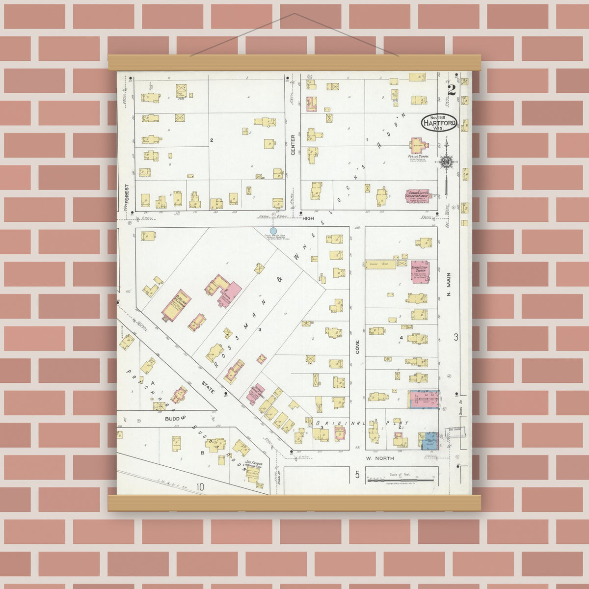 Old map wall art mockup — magnetic wood frame on brick wall — Sanborn Fire Insurance Map from Hartford, Washington County, Wisconsin (1918), Sheet #0002