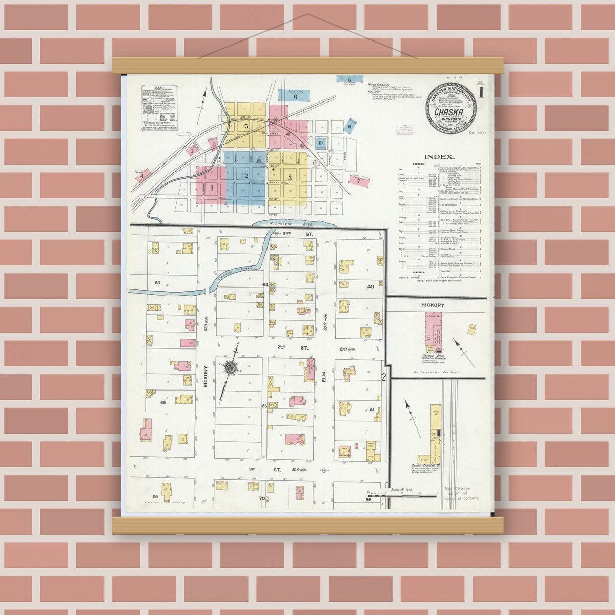 Old map wall art mockup — magnetic wood frame on brick wall — Sanborn Fire Insurance Map from Chaska, Carver County, Minnesota (1911), Sheet #0001