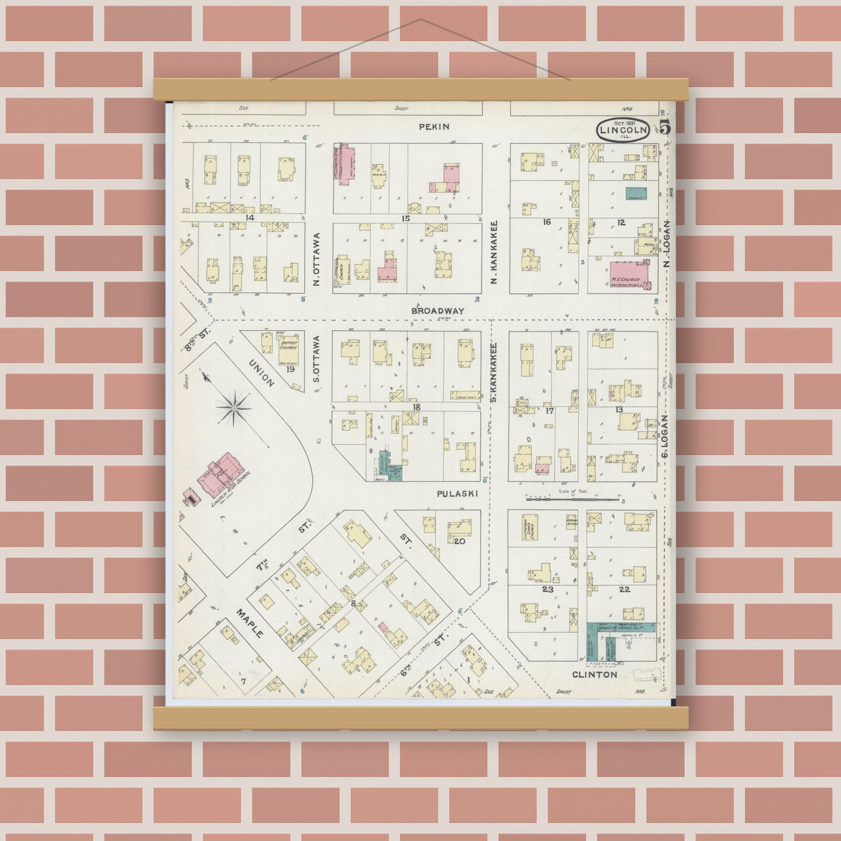 Old map wall art mockup — magnetic wood frame on brick wall — Sanborn Fire Insurance Map from Lincoln, Logan County, Illinois (1891), Sheet #0005