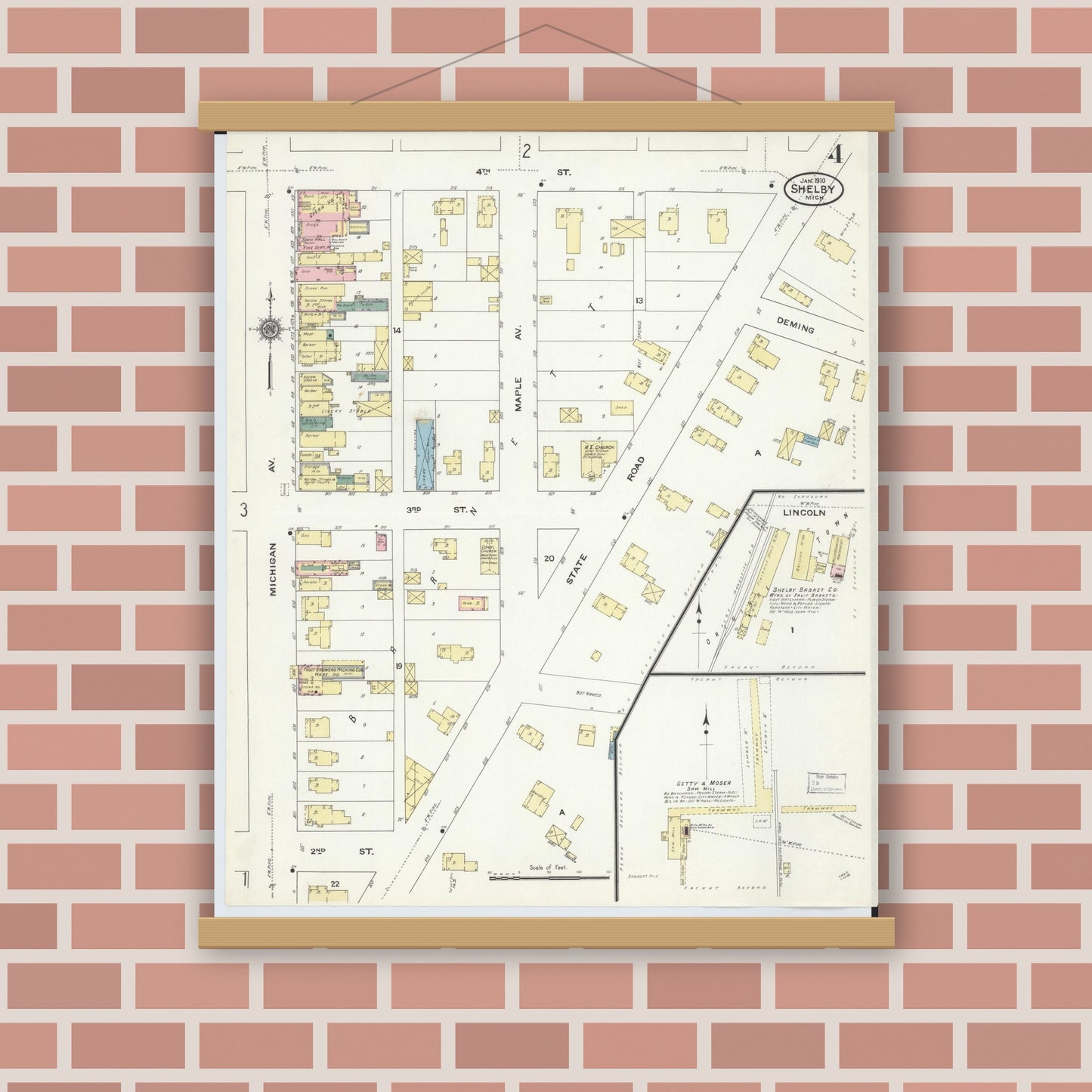 Old map wall art mockup — magnetic wood frame on brick wall — Sanborn Fire Insurance Map from Shelby, Oceana County, Michigan (1910), Sheet #0004