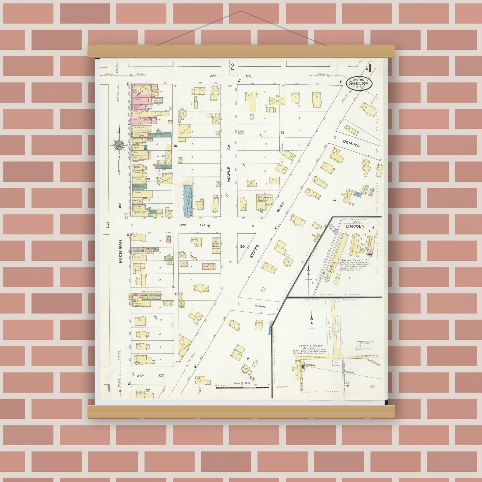 Old map wall art mockup — magnetic wood frame on brick wall — Sanborn Fire Insurance Map from Shelby, Oceana County, Michigan (1910), Sheet #0004