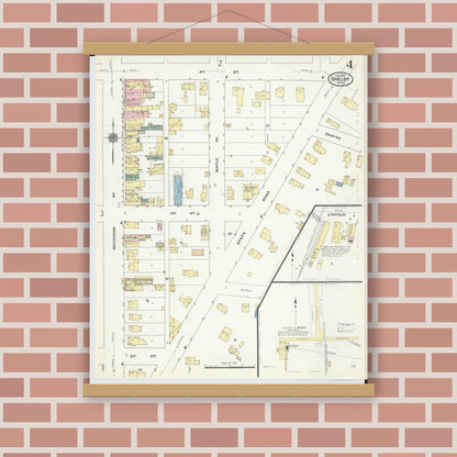 Old map wall art mockup — magnetic wood frame on brick wall — Sanborn Fire Insurance Map from Shelby, Oceana County, Michigan (1910), Sheet #0004