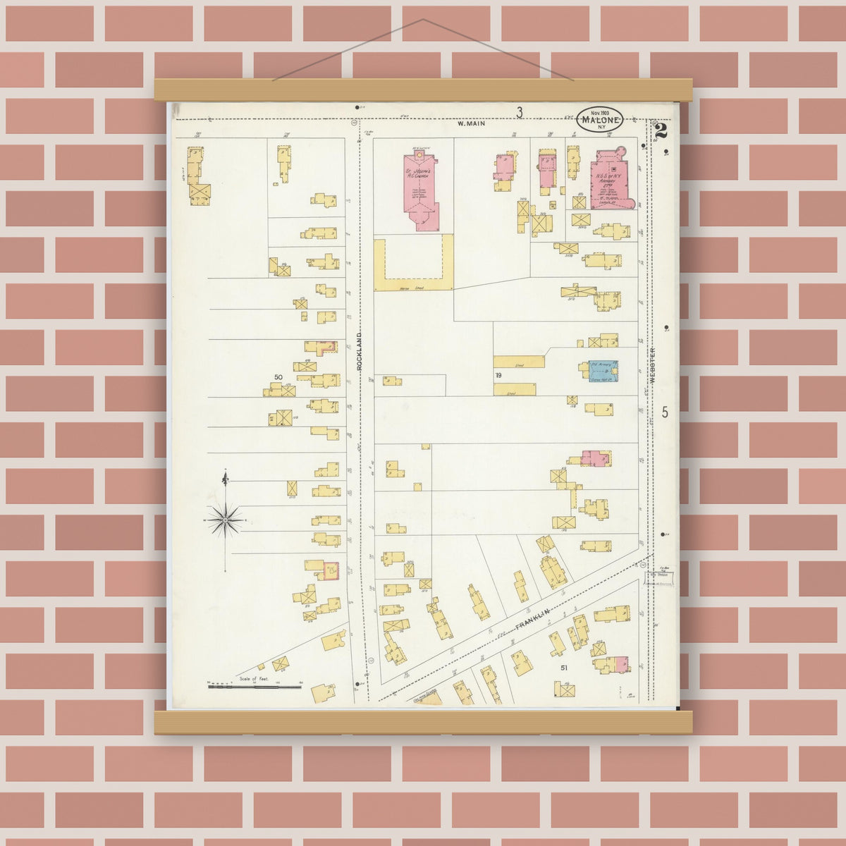 Old map wall art mockup — magnetic wood frame on brick wall — Sanborn Fire Insurance Map from Malone, Franklin County, New York (1903), Sheet #0002