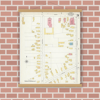 Old map wall art mockup — magnetic wood frame on brick wall — Sanborn Fire Insurance Map from Malone, Franklin County, New York (1903), Sheet #0002
