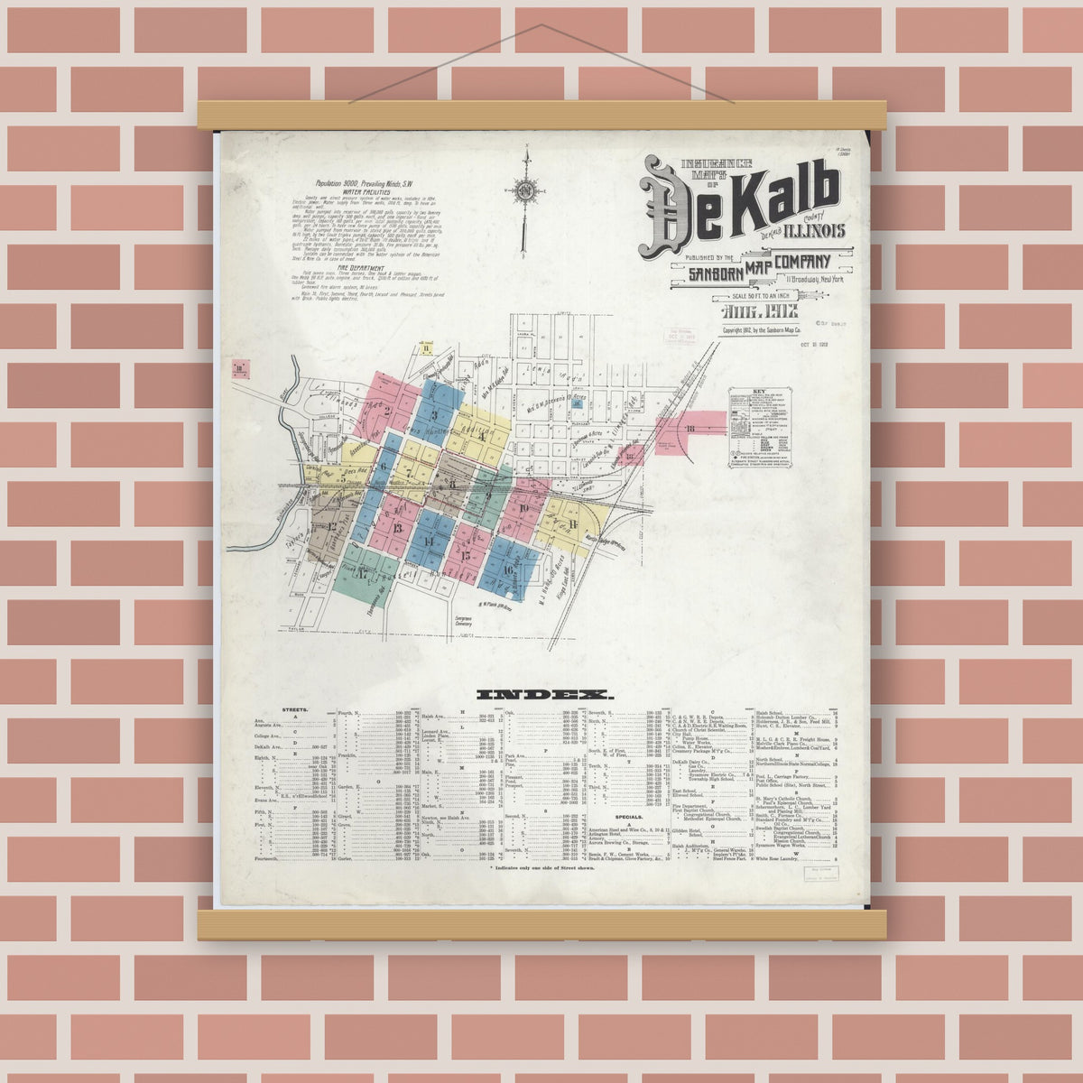 Old map wall art mockup — magnetic wood frame on brick wall — Sanborn Fire Insurance Map from De Kalb, De Kalb County, Illinois (1912) - Complete Map Set