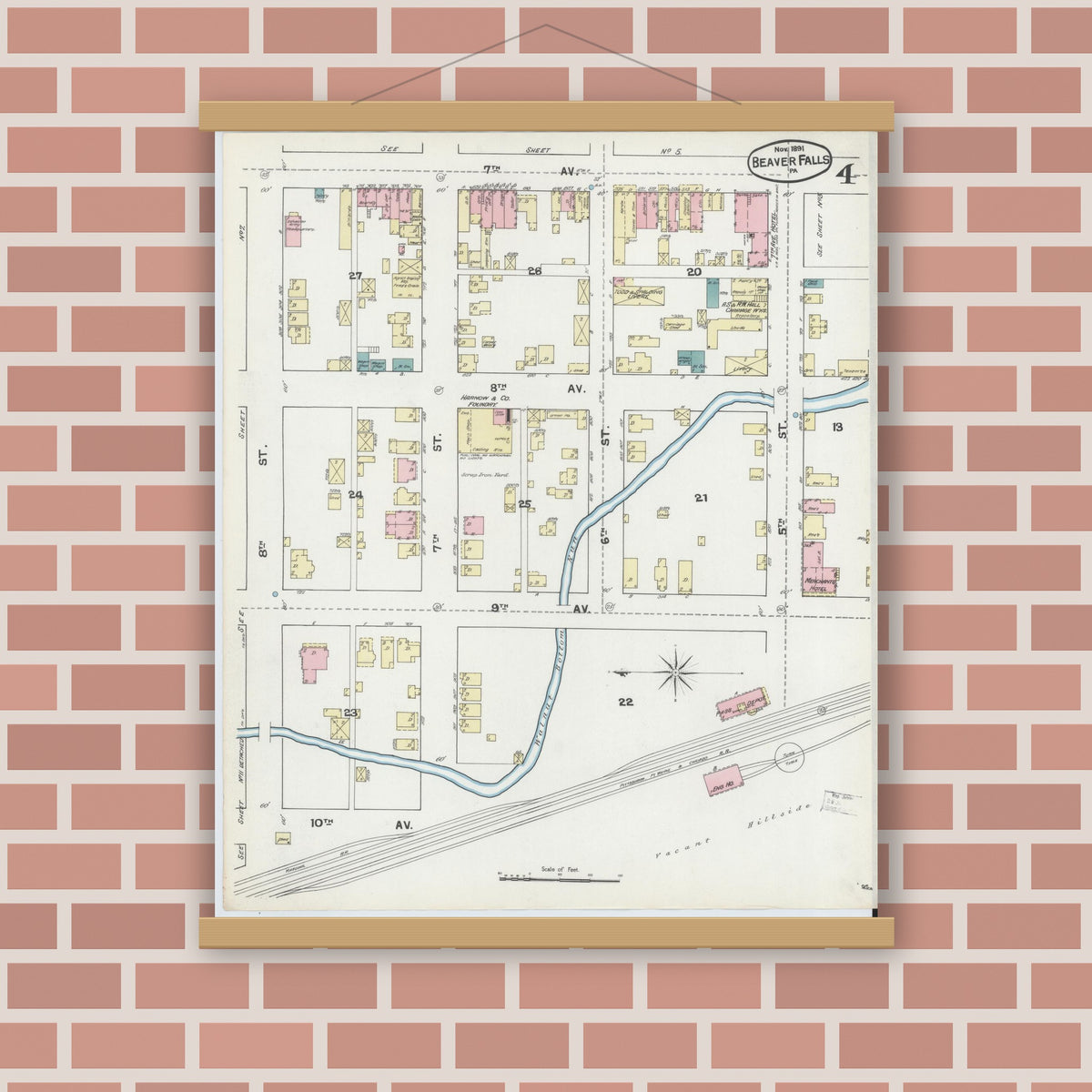 Old map wall art mockup — magnetic wood frame on brick wall — Sanborn Fire Insurance Map from Beaver Falls, Beaver County, Pennsylvania (1891), Sheet #0004
