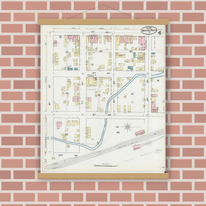 Old map wall art mockup — magnetic wood frame on brick wall — Sanborn Fire Insurance Map from Beaver Falls, Beaver County, Pennsylvania (1891), Sheet #0004