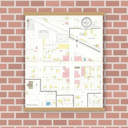 Old map wall art mockup — magnetic wood frame on brick wall — Sanborn Fire Insurance Map from Menlo, Guthrie County, Iowa (1933), Sheet #0001