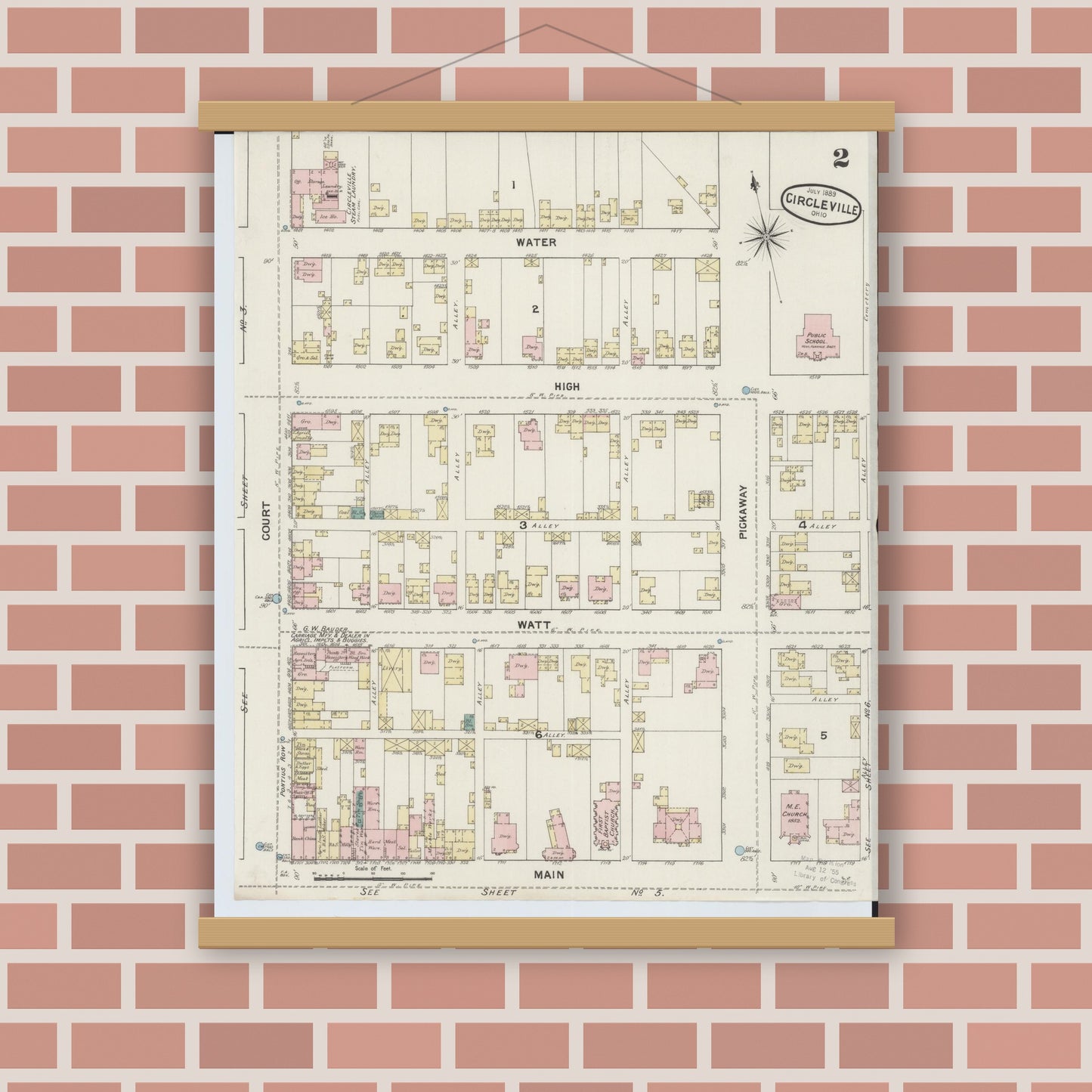 Old map wall art mockup — magnetic wood frame on brick wall — Sanborn Fire Insurance Map from Circleville, Pickaway County, Ohio (1889), Sheet #0002