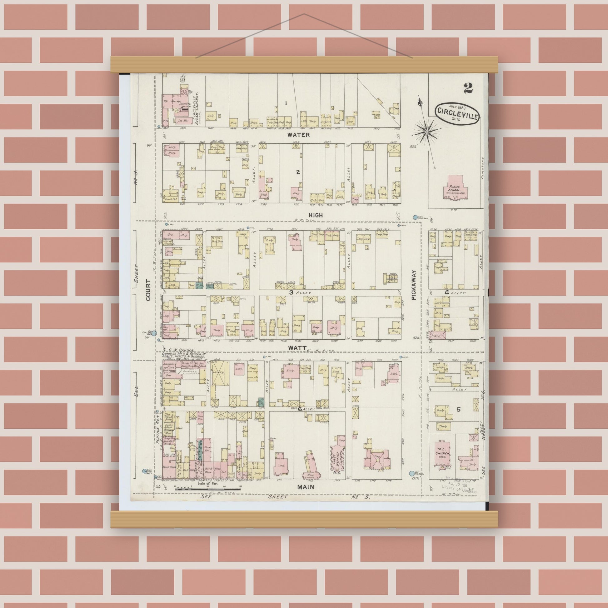 Old map wall art mockup — magnetic wood frame on brick wall — Sanborn Fire Insurance Map from Circleville, Pickaway County, Ohio (1889), Sheet #0002
