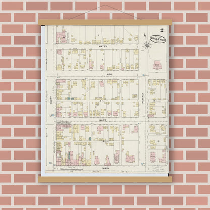 Old map wall art mockup — magnetic wood frame on brick wall — Sanborn Fire Insurance Map from Circleville, Pickaway County, Ohio (1889), Sheet #0002