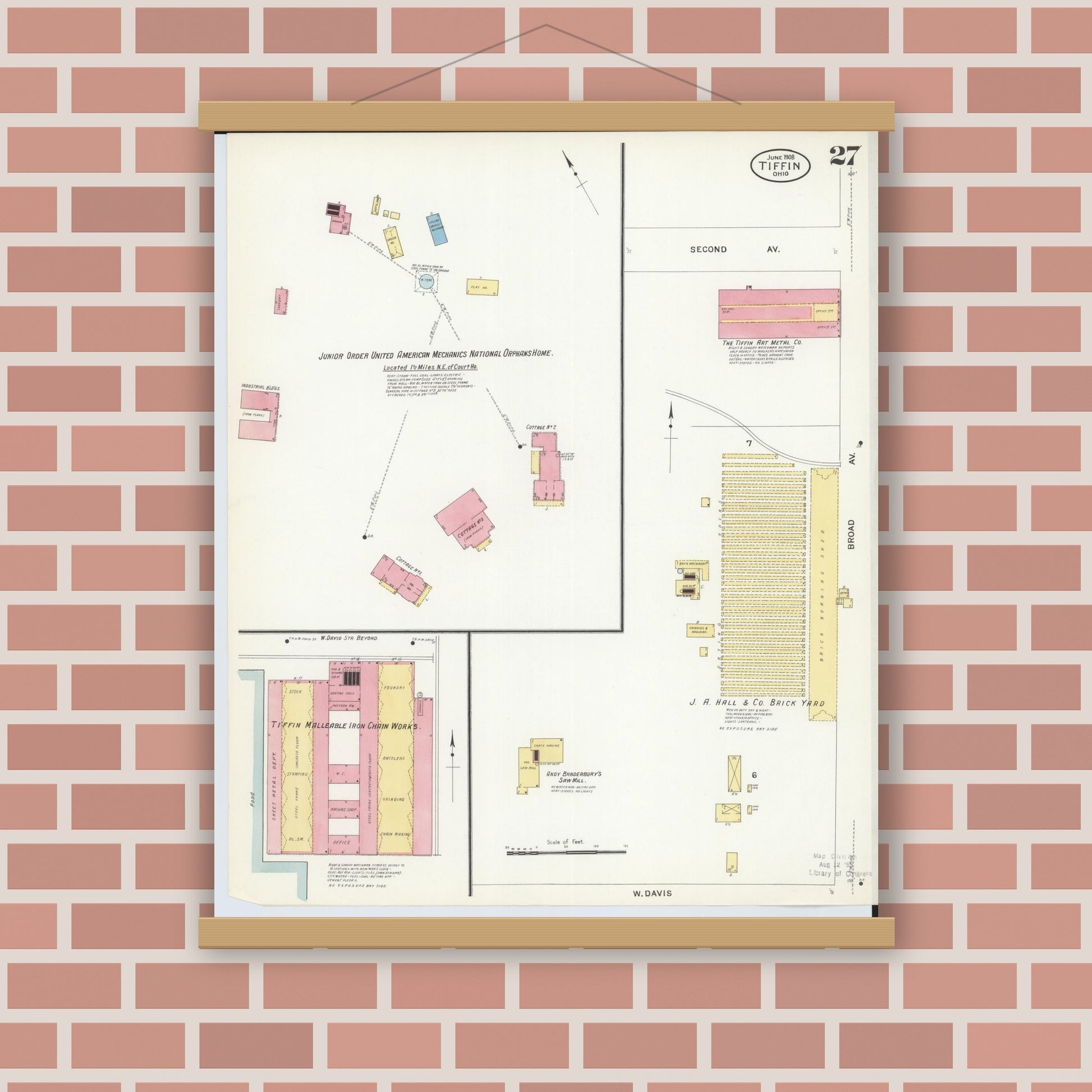 Old map wall art mockup — magnetic wood frame on brick wall — Sanborn Fire Insurance Map from Tiffin, Seneca County, Ohio (1908), Sheet #0027