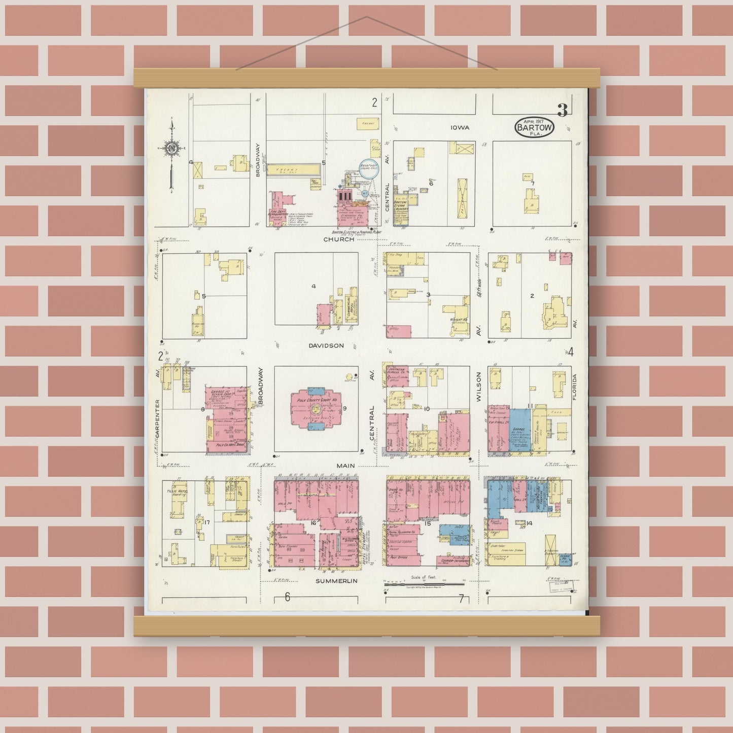 Old map wall art mockup — magnetic wood frame on brick wall — Sanborn Fire Insurance Map from Bartow, Polk County, Florida (1917), Sheet #0003