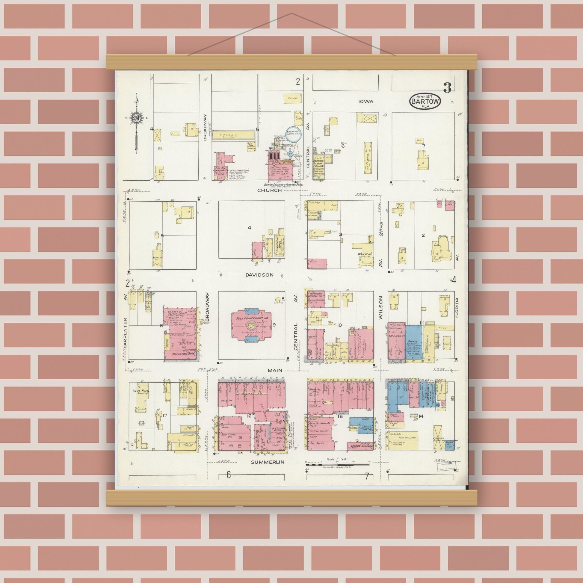 Old map wall art mockup — magnetic wood frame on brick wall — Sanborn Fire Insurance Map from Bartow, Polk County, Florida (1917), Sheet #0003