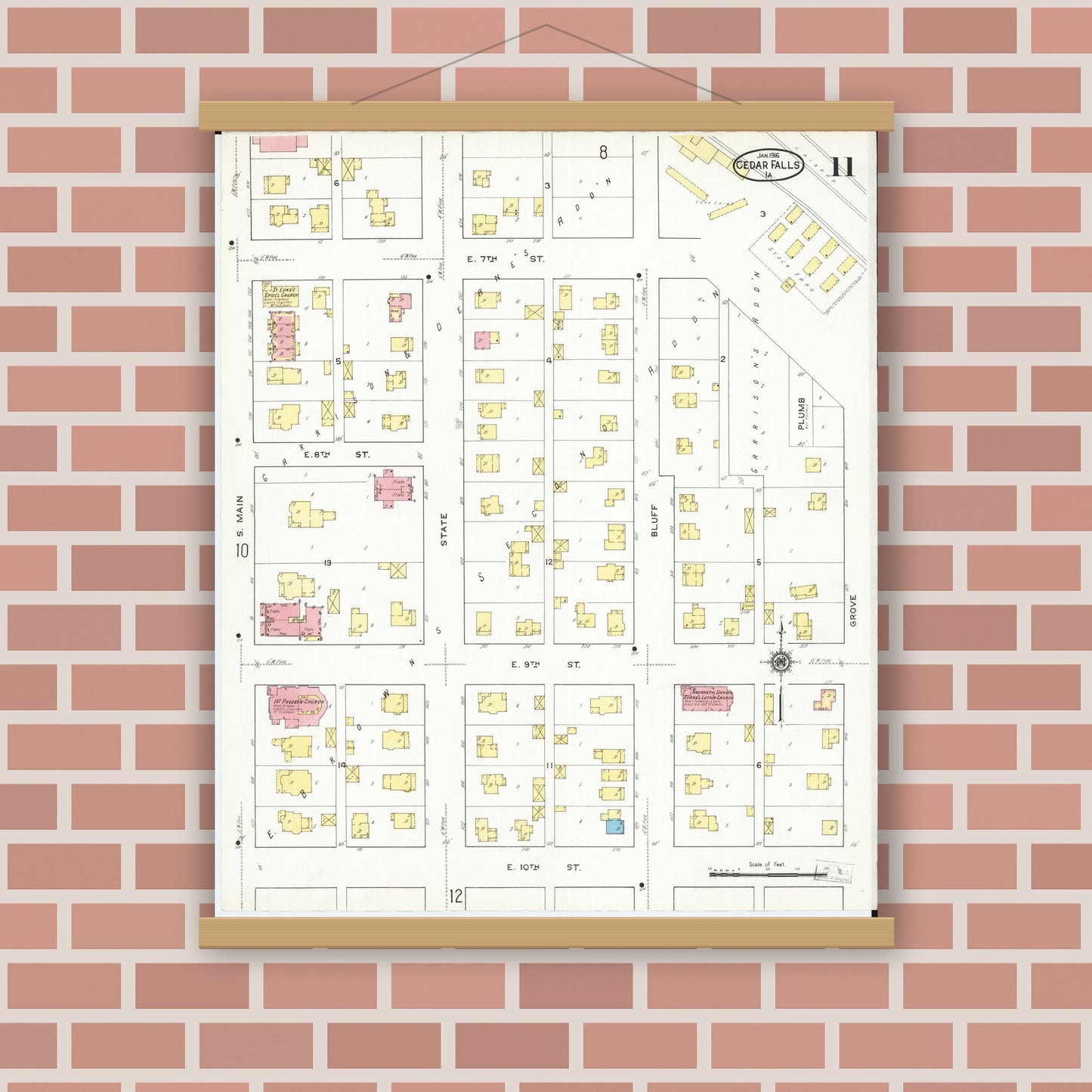 Old map wall art mockup — magnetic wood frame on brick wall — Sanborn Fire Insurance Map from Cedar Falls, Black Hawk County, Iowa (1916), Sheet #0011