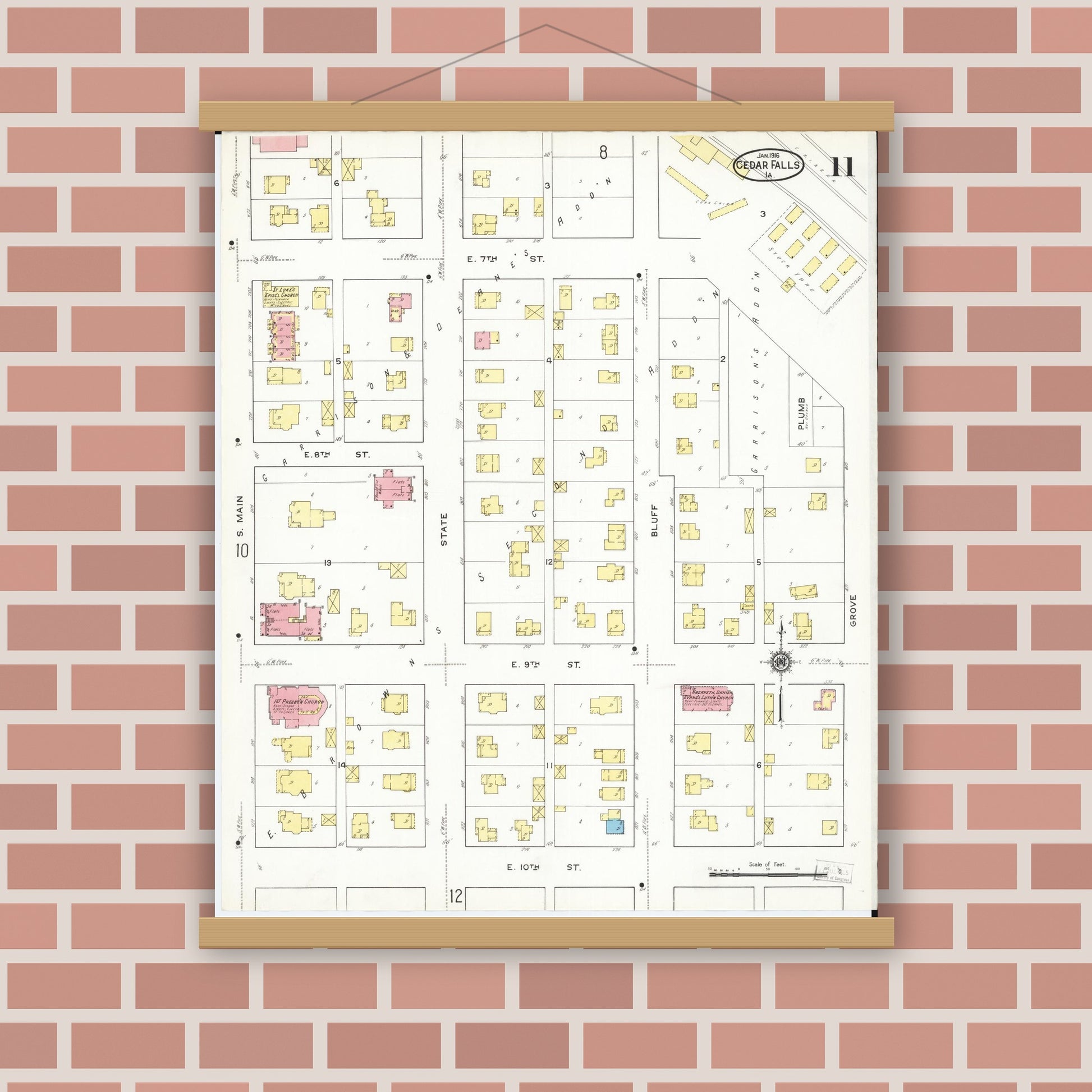 Old map wall art mockup — magnetic wood frame on brick wall — Sanborn Fire Insurance Map from Cedar Falls, Black Hawk County, Iowa (1916), Sheet #0011