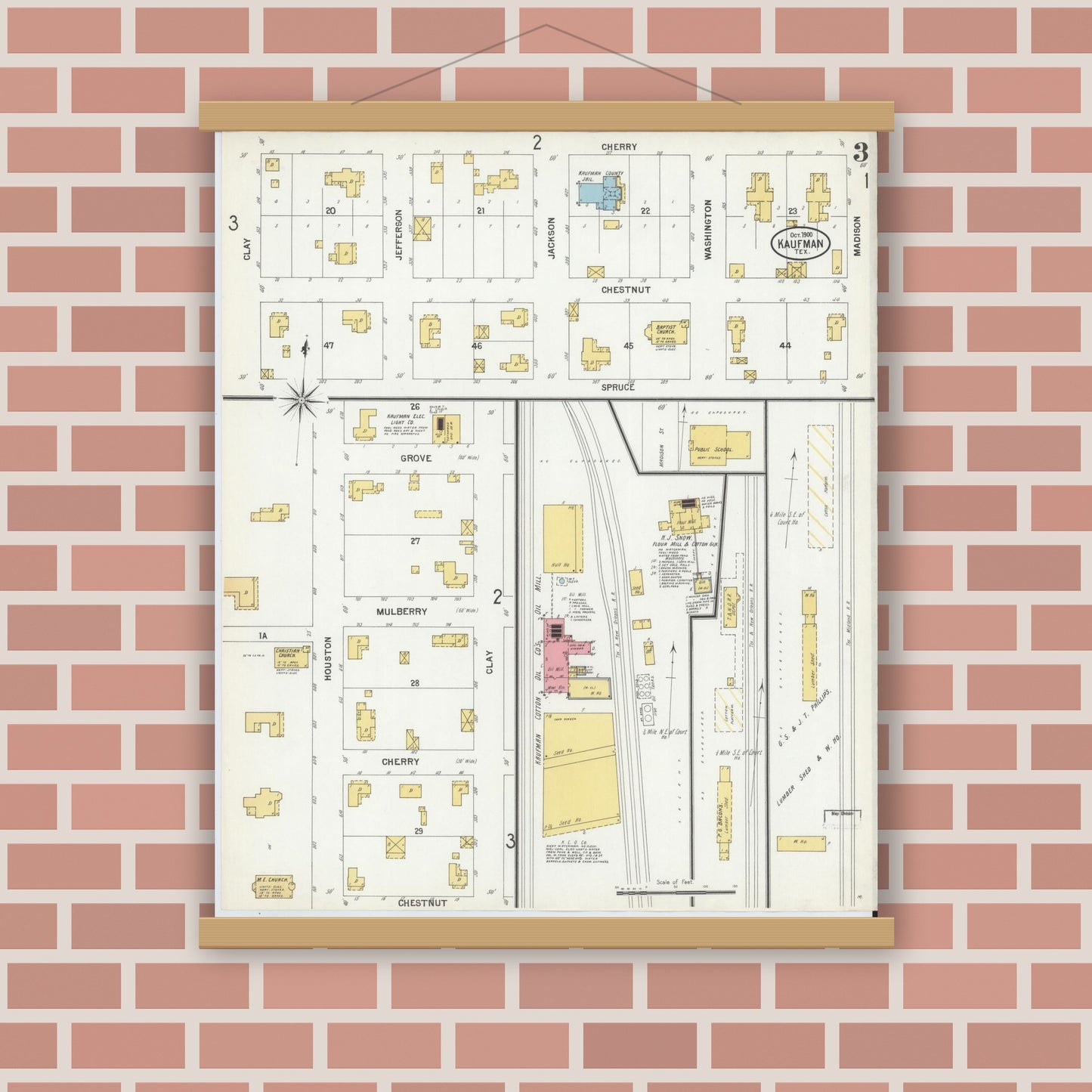 Old map wall art mockup — magnetic wood frame on brick wall — Sanborn Fire Insurance Map from Kaufman, Kaufman County, Texas (1900), Sheet #0003