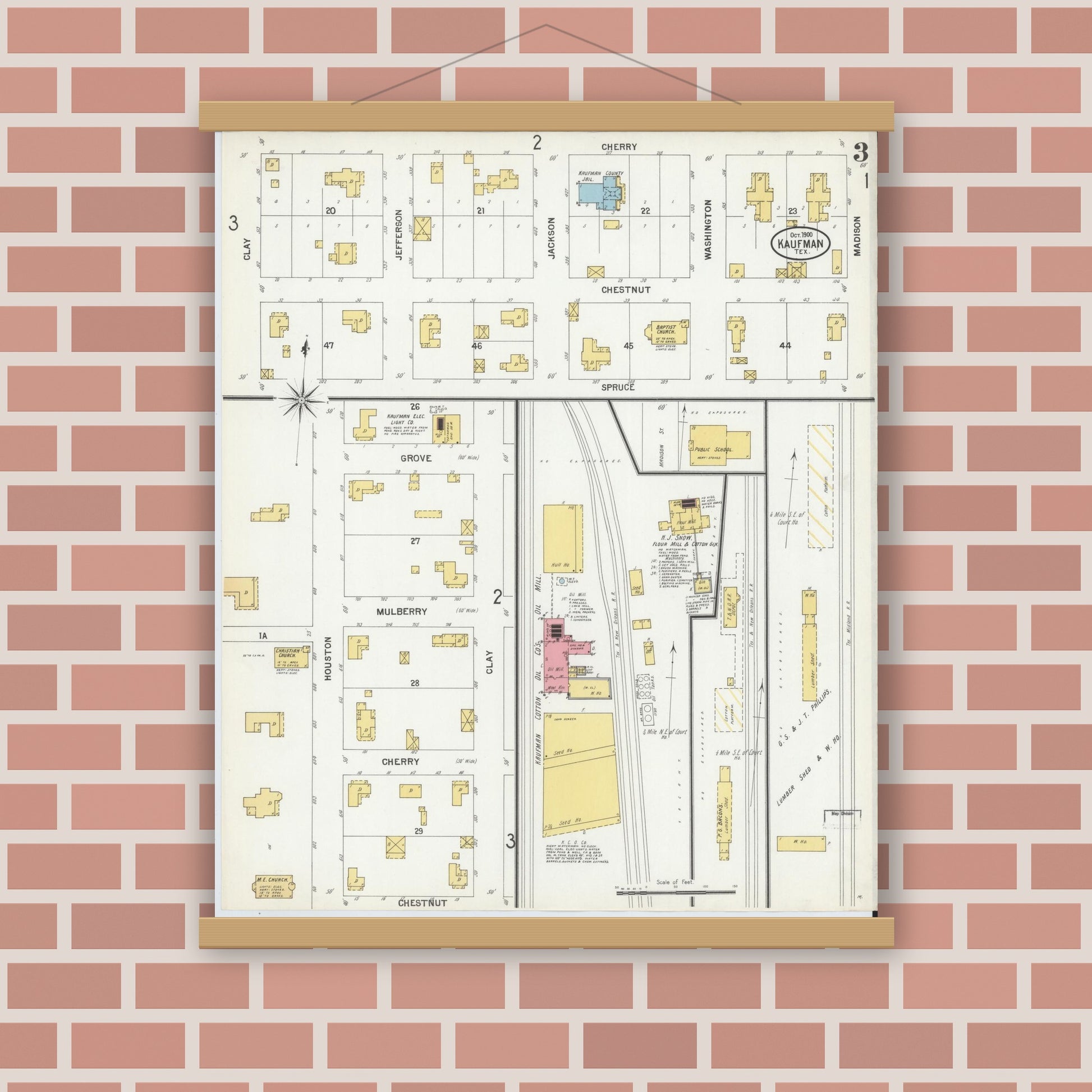 Old map wall art mockup — magnetic wood frame on brick wall — Sanborn Fire Insurance Map from Kaufman, Kaufman County, Texas (1900), Sheet #0003