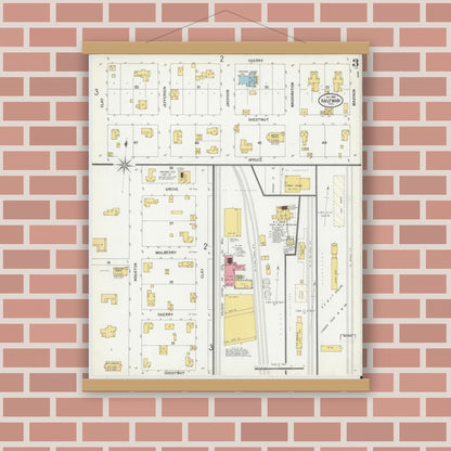 Old map wall art mockup — magnetic wood frame on brick wall — Sanborn Fire Insurance Map from Kaufman, Kaufman County, Texas (1900), Sheet #0003