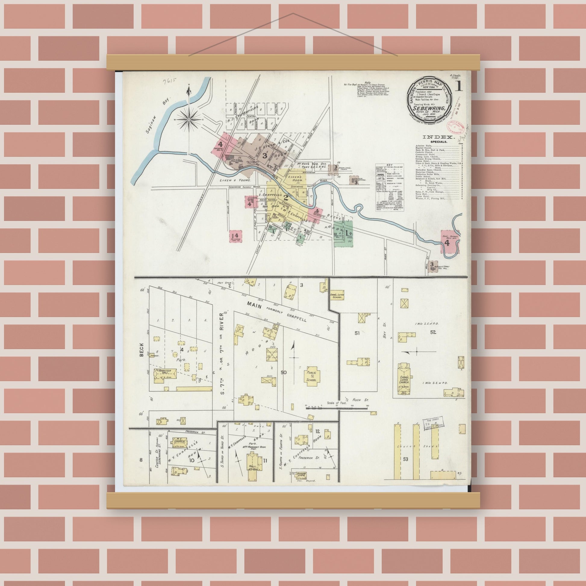 Old map wall art mockup — magnetic wood frame on brick wall — Sanborn Fire Insurance Map from Sebewaing, Huron County, Michigan (1895), Sheet #0001