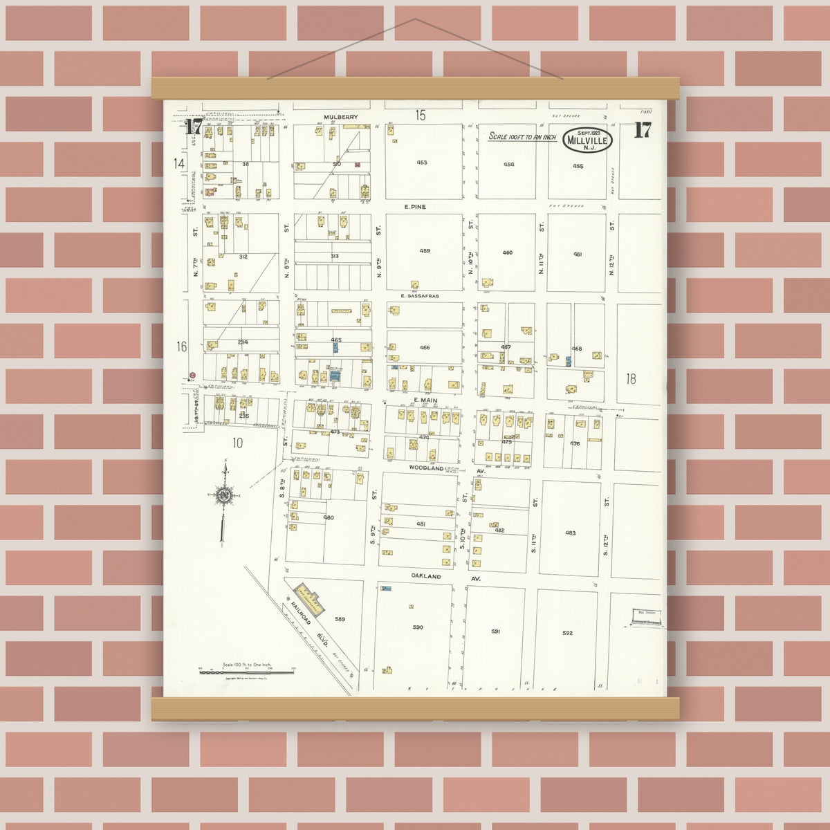Old map wall art mockup — magnetic wood frame on brick wall — Sanborn Fire Insurance Map from Millville, Cumberland County, New Jersey (1923), Sheet #0017