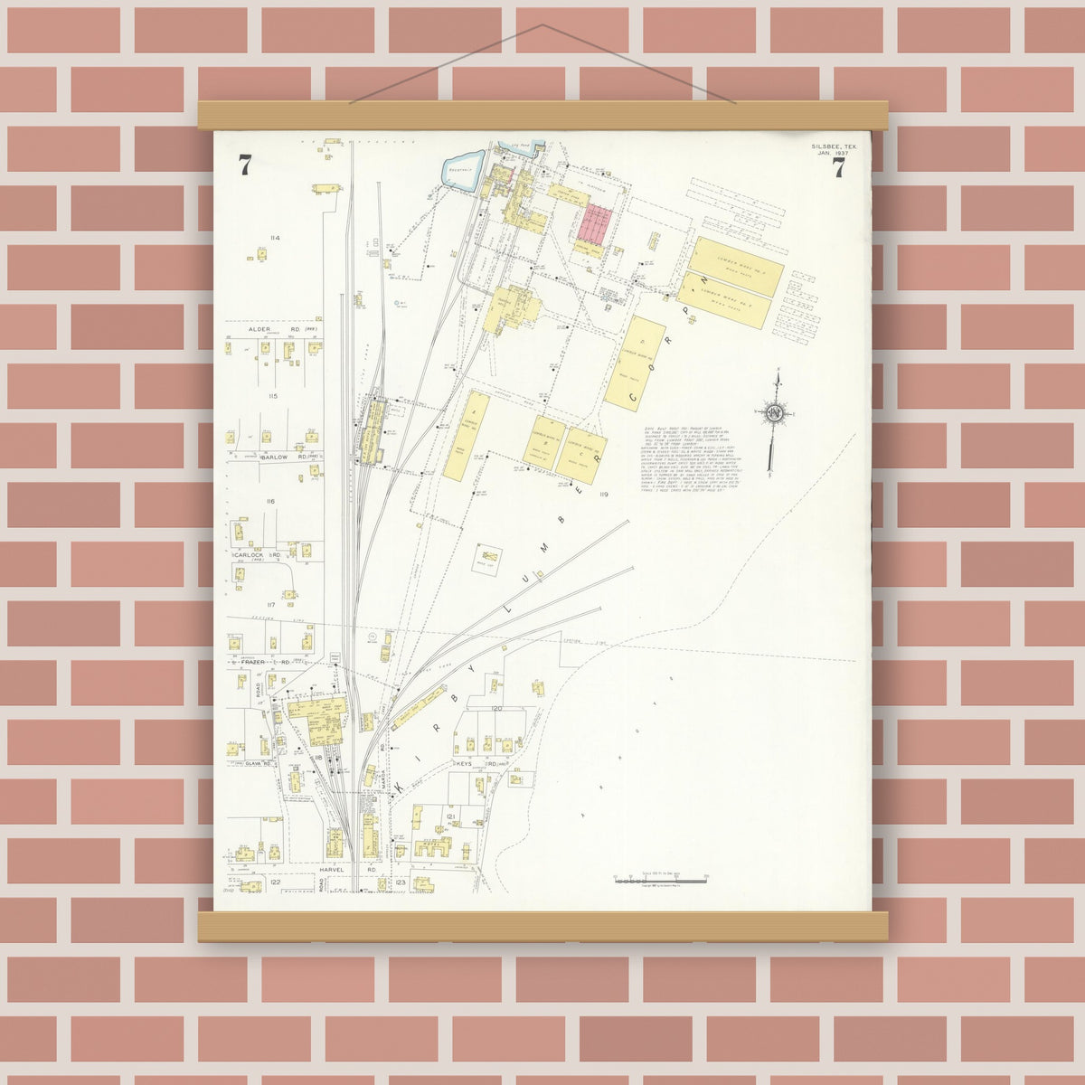 Old map wall art mockup — magnetic wood frame on brick wall — Sanborn Fire Insurance Map from Silsbee, Hardin County, Texas (1937), Sheet #0007