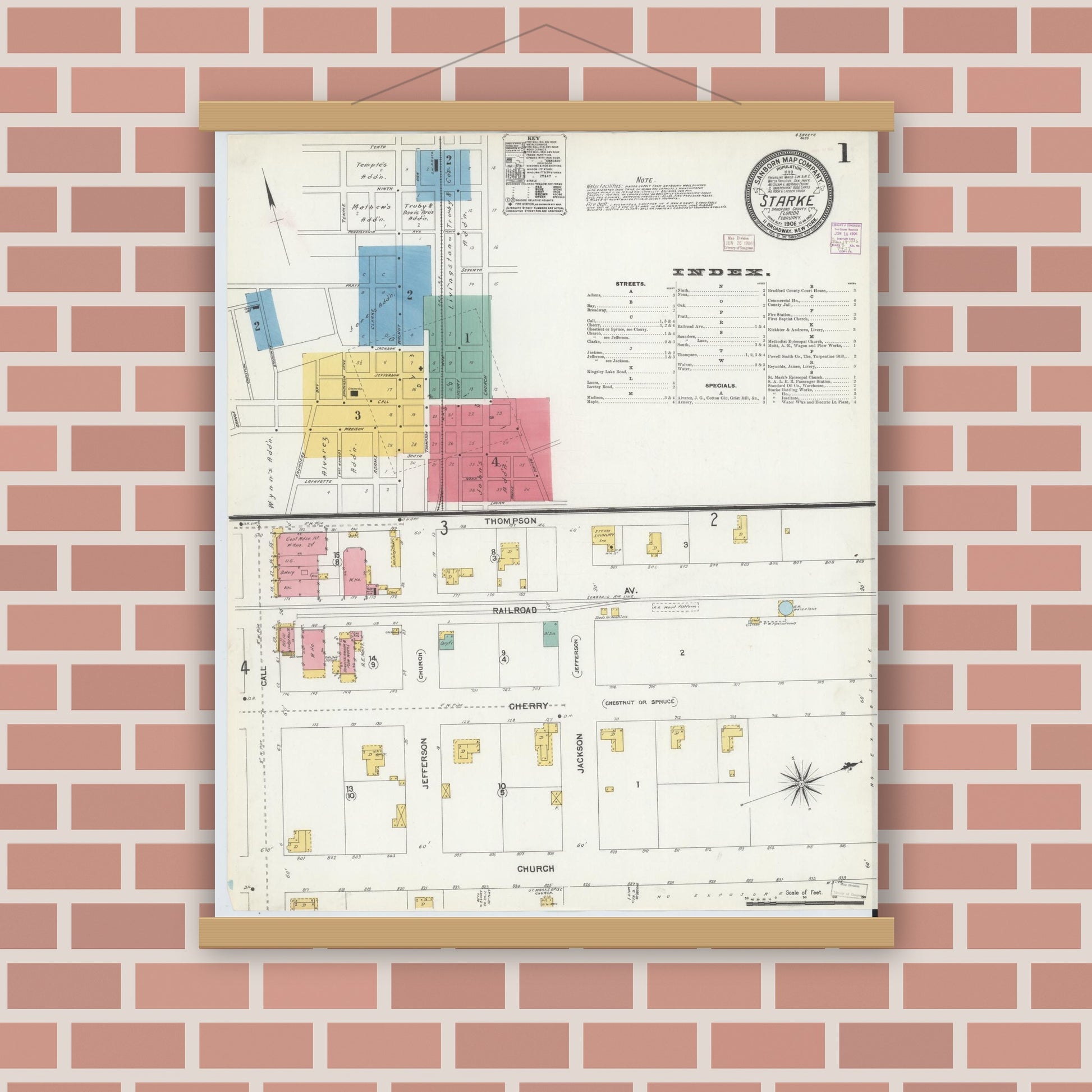 Old map wall art mockup — magnetic wood frame on brick wall — Sanborn Fire Insurance Map from Starke, Bradford County, Florida (1906) - Complete Map Set