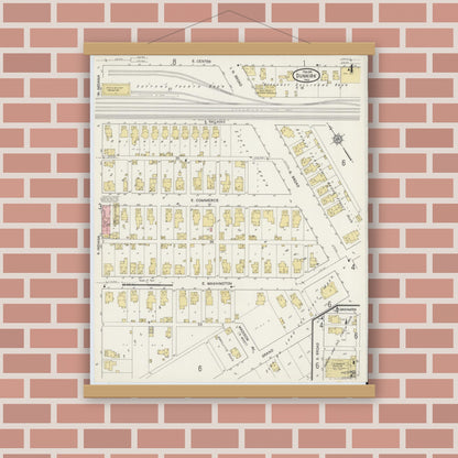 Old map wall art mockup — magnetic wood frame on brick wall — Sanborn Fire Insurance Map from Dunkirk, Jay And Blackford Counties, Indiana (1915), Sheet #0004