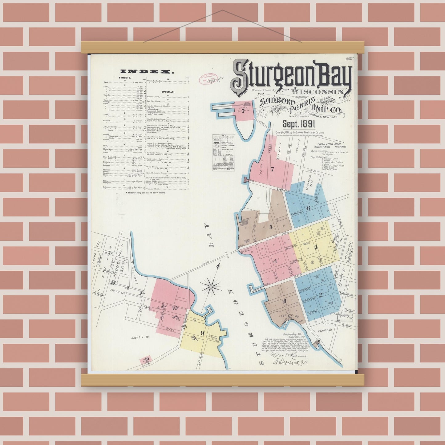 Old map wall art mockup — magnetic wood frame on brick wall — Sanborn Fire Insurance Map from Sturgeon Bay, Door County, Wisconsin (1891) - Complete Map Set
