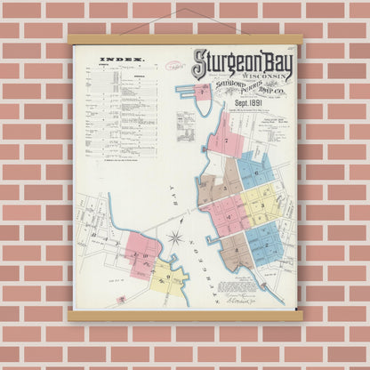 Old map wall art mockup — magnetic wood frame on brick wall — Sanborn Fire Insurance Map from Sturgeon Bay, Door County, Wisconsin (1891) - Complete Map Set