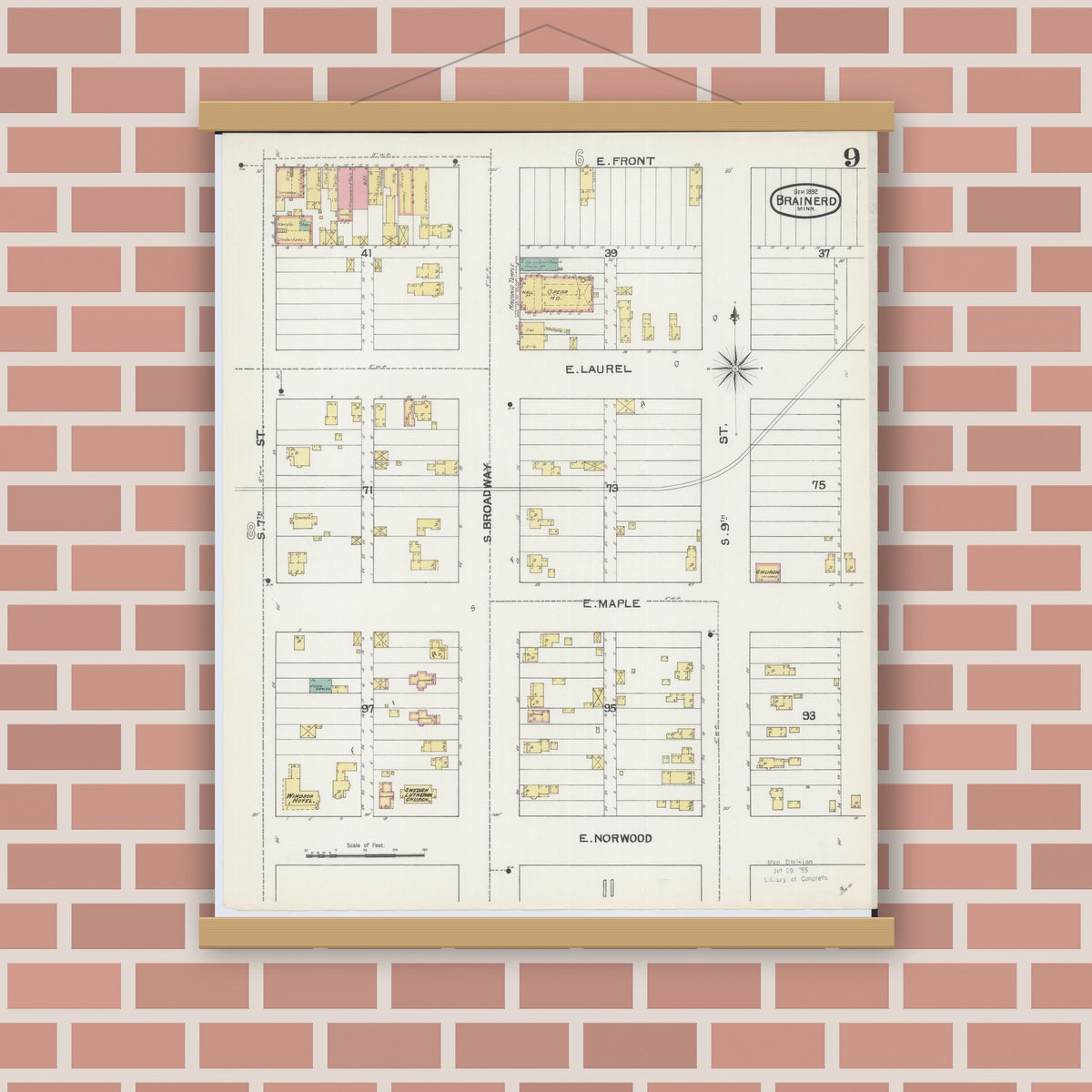 Old map wall art mockup — magnetic wood frame on brick wall — Sanborn Fire Insurance Map from Brainerd, Crow Wing County, Minnesota (1892), Sheet #0009