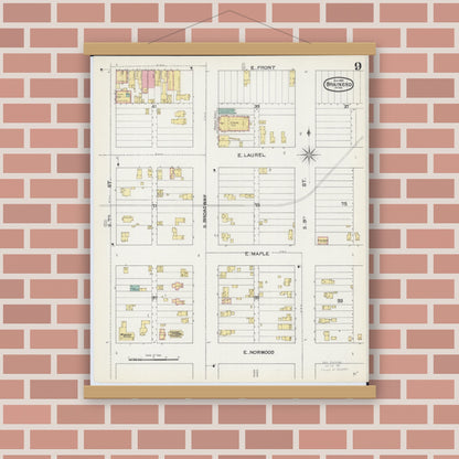 Old map wall art mockup — magnetic wood frame on brick wall — Sanborn Fire Insurance Map from Brainerd, Crow Wing County, Minnesota (1892), Sheet #0009