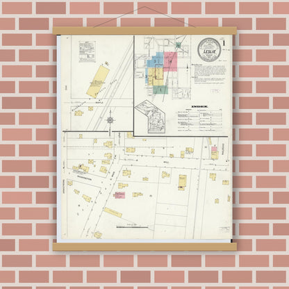 Old map wall art mockup — magnetic wood frame on brick wall — Sanborn Fire Insurance Map from Leslie, Ingham County, Michigan (1913), Sheet #0001