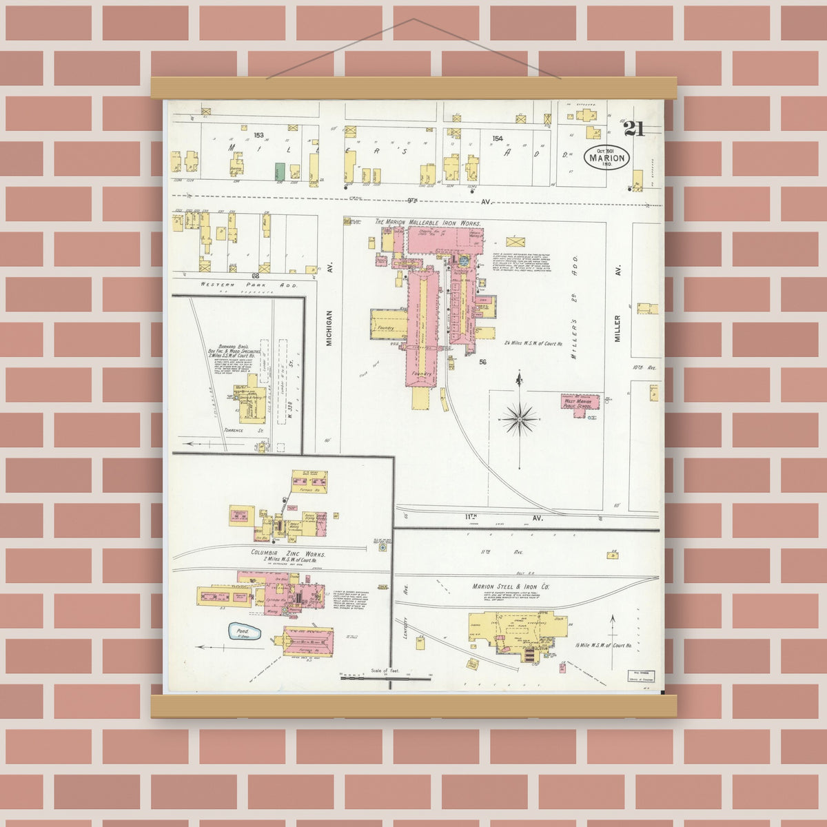 Old map wall art mockup — magnetic wood frame on brick wall — Sanborn Fire Insurance Map from Marion, Grant County, Indiana (1901), Sheet #0021